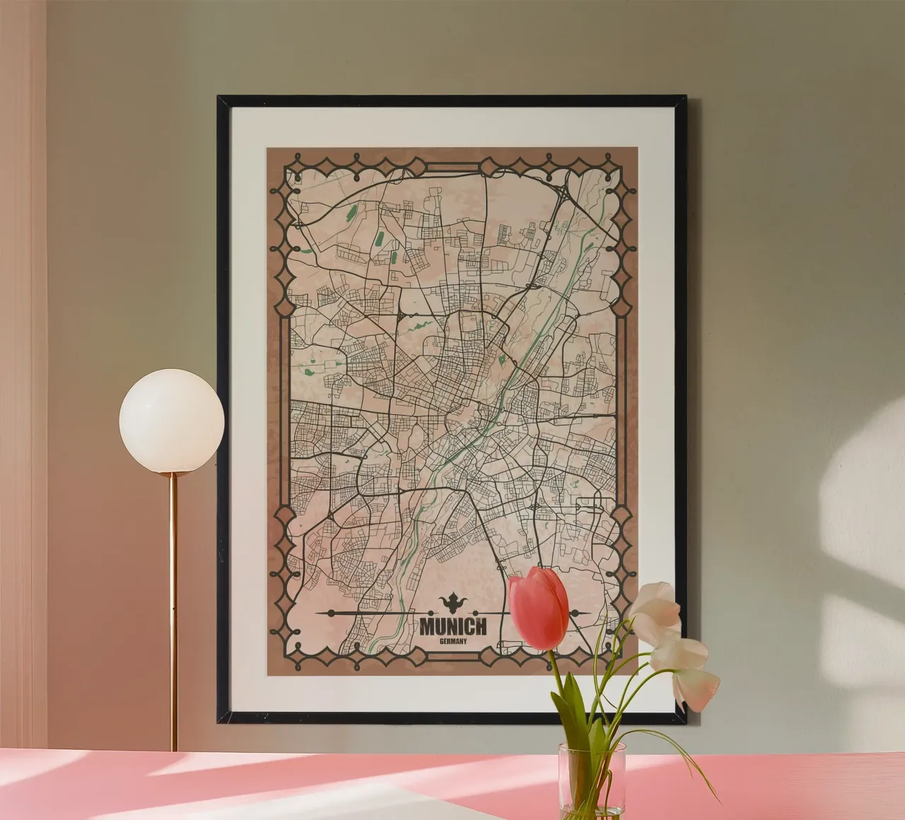 Mappa della città di Monaco poster con telaio in alluminio da Christopher Adams