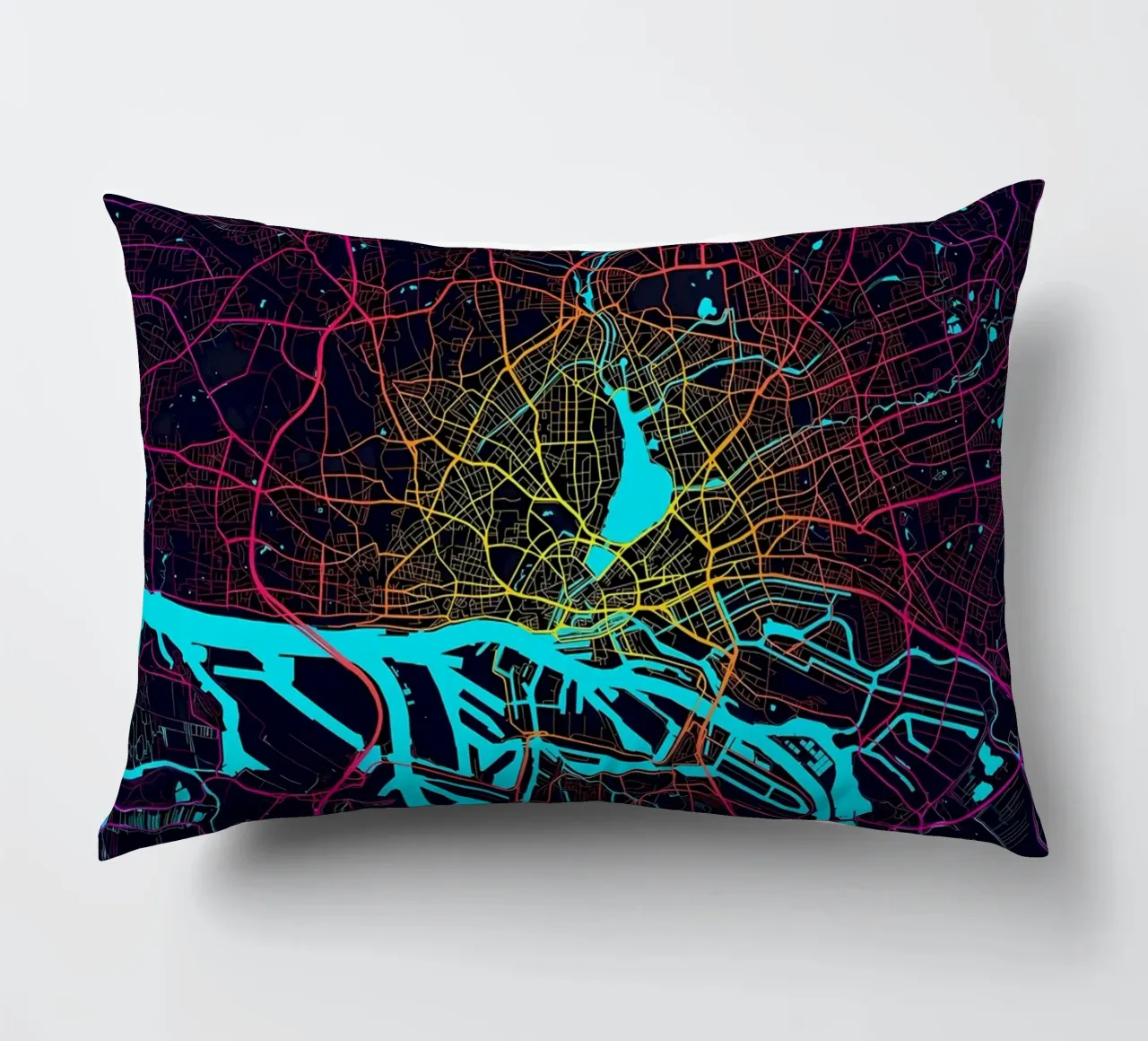 Hamburg City Map Neon decorative cushion by Christopher Adams