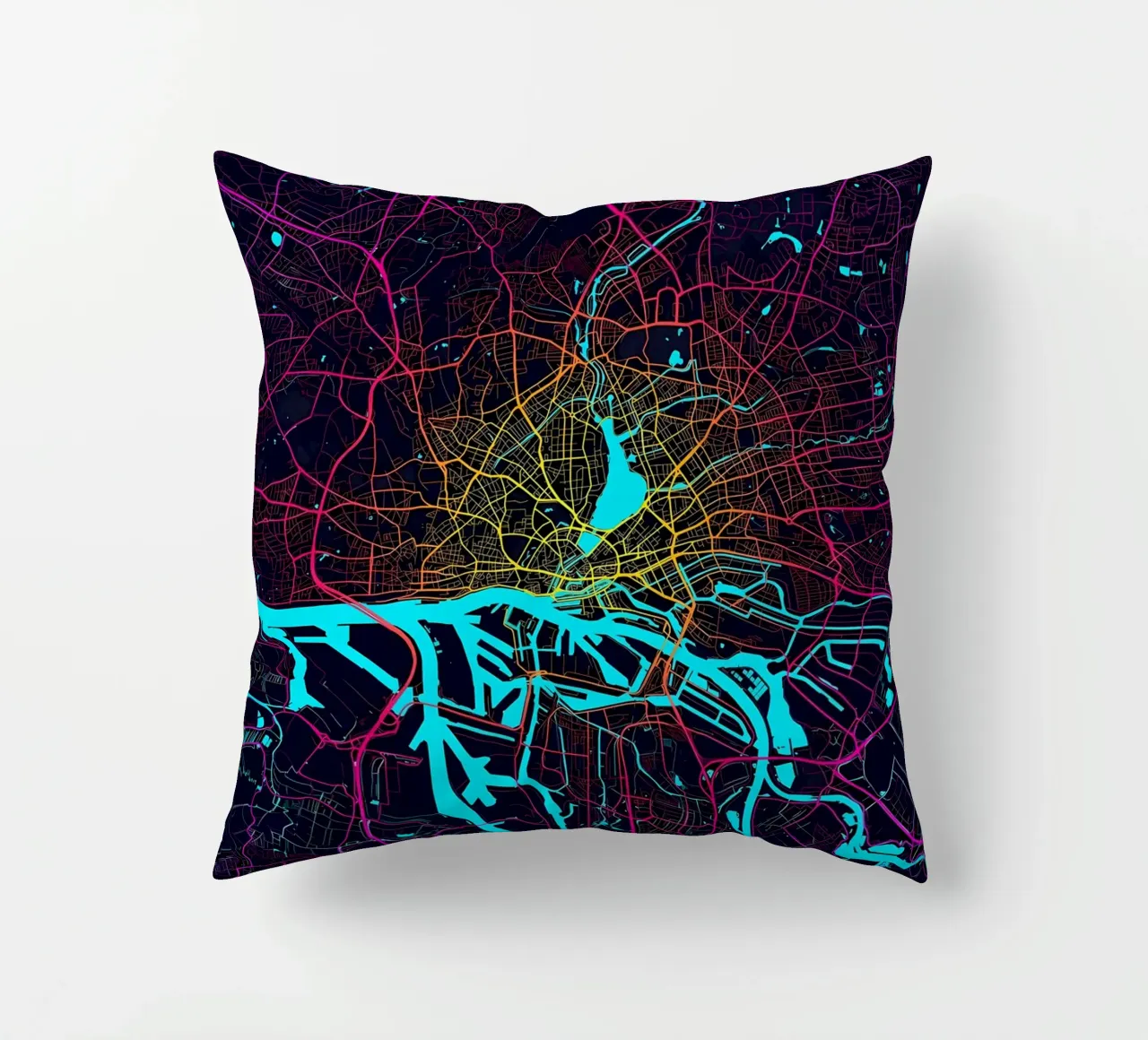 Hamburg City Map Neon decorative cushion by Christopher Adams