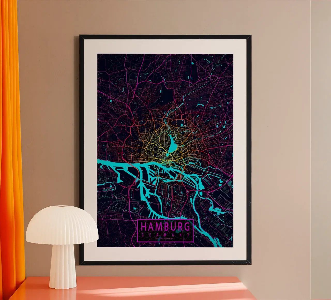 Hamburg City Map Neon hahnemühle by Christopher Adams