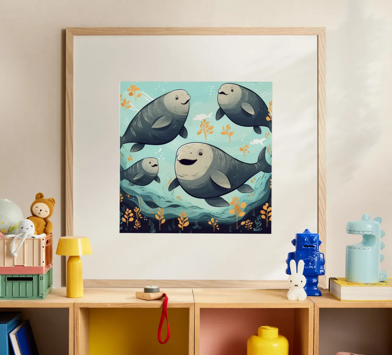 Retro Dugong Gang poster con telaio in legno da Funny Animals