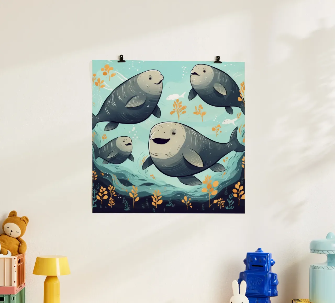 Retro Dugong Gang poster con telaio in legno da Funny Animals
