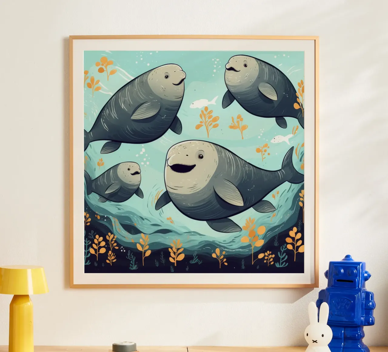 Retro Dugong Gang poster con telaio in legno da Funny Animals