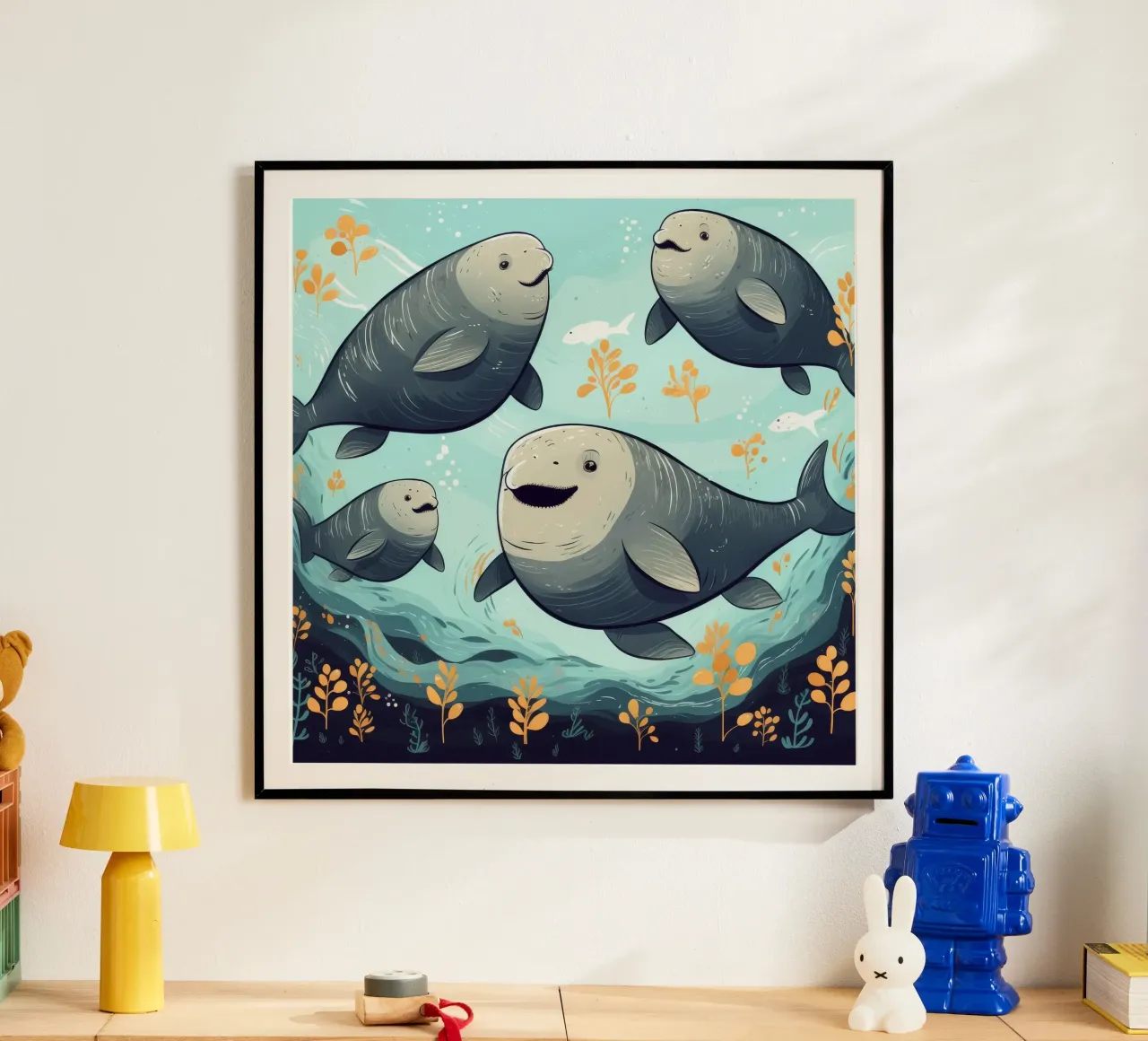 Retro Dugong Gang poster con telaio in legno da Funny Animals