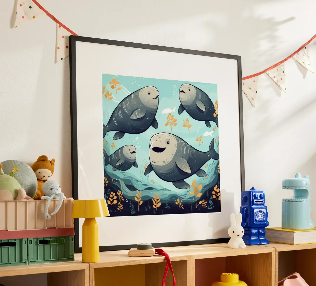 Retro Dugong Gang poster con telaio in legno da Funny Animals