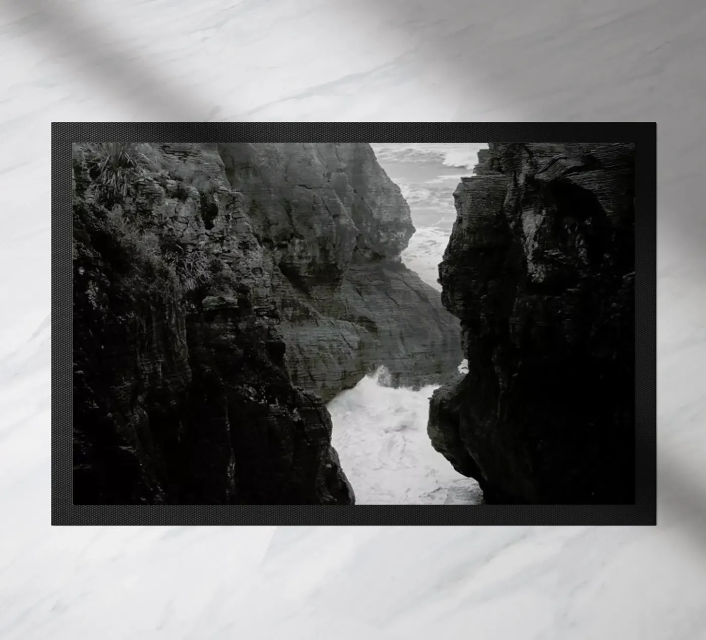 Pancake Rocks – Black and white natural wonder doormat by Jan Luzar