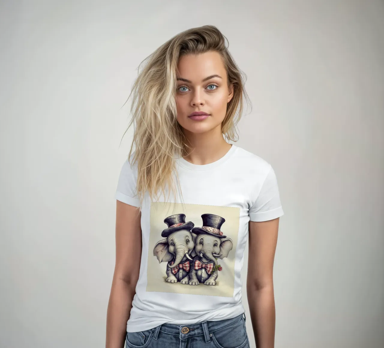 Retro Elephant Duo women's fitted t-shirt by Funny Animals