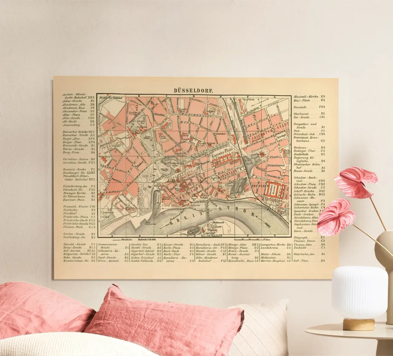 Mappa d'epoca di Duesseldorf poster con telaio in legno da Christopher Adams