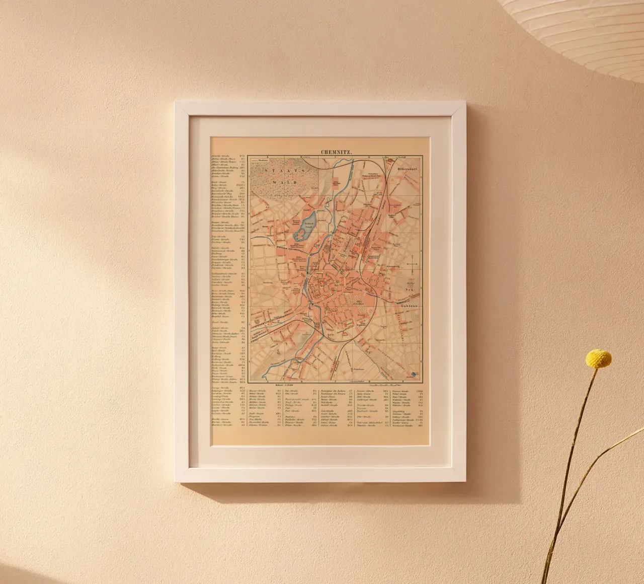 Mappa d'epoca Chemnitz 19 secolo poster con telaio in alluminio da Christopher Adams