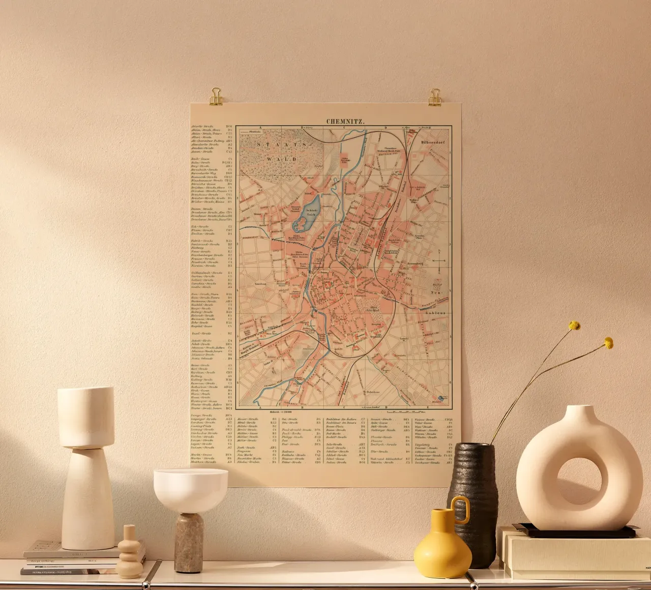 Mappa d'epoca Chemnitz 19 secolo poster con telaio in alluminio da Christopher Adams