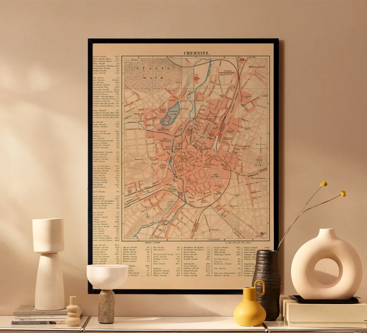 Mappa d'epoca Chemnitz 19 secolo poster con telaio in alluminio da Christopher Adams