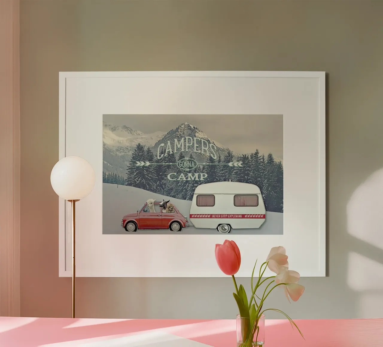 Never Stop Exploring Winter Camping poster con telaio in alluminio da Monika Strigel