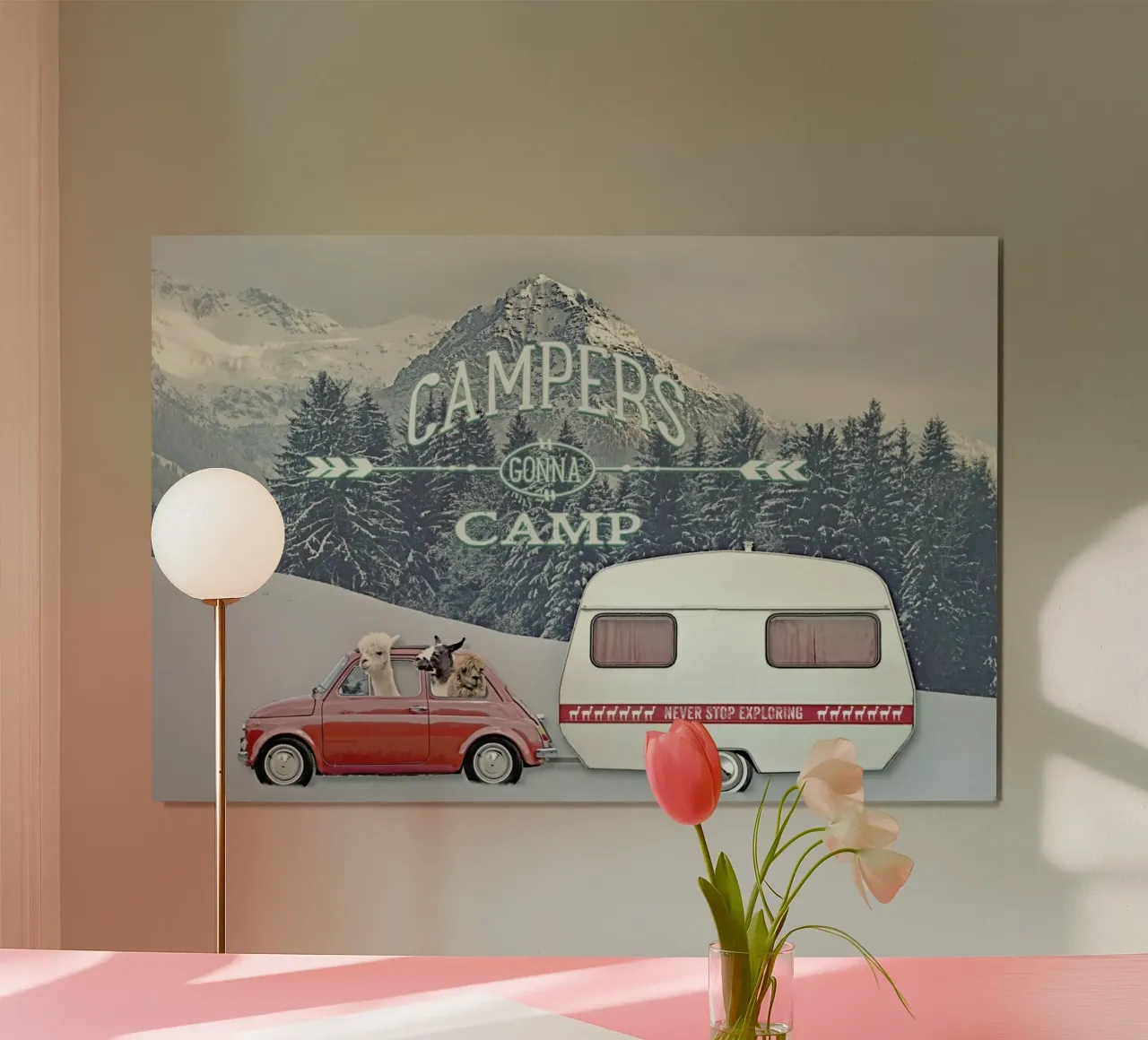 Never Stop Exploring Winter Camping poster con telaio in alluminio da Monika Strigel