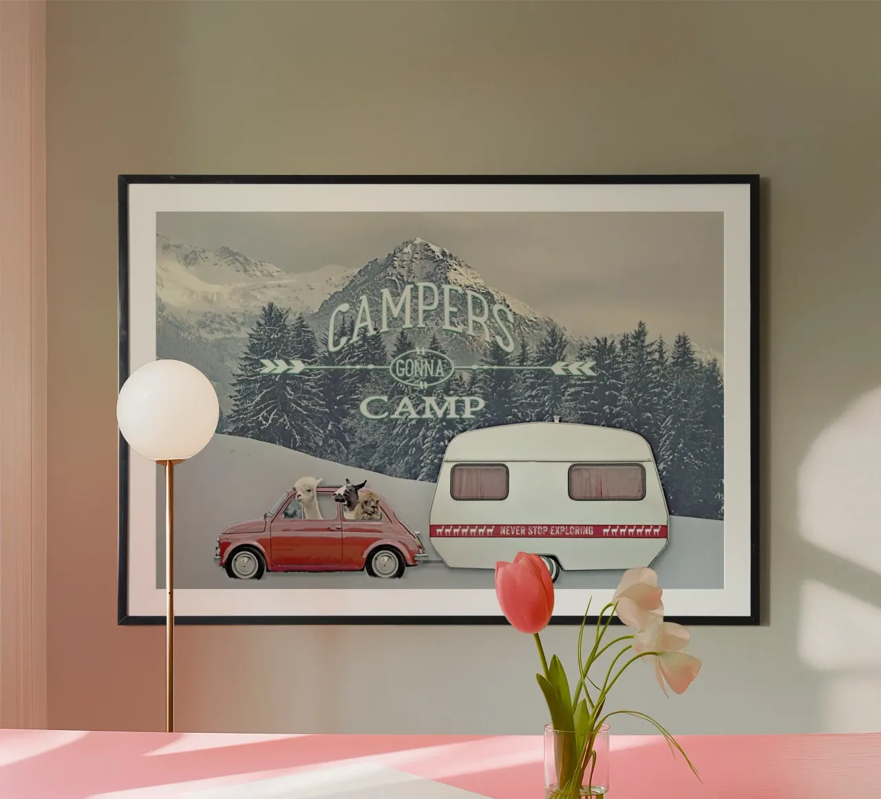 Never Stop Exploring Winter Camping poster con telaio in alluminio da Monika Strigel