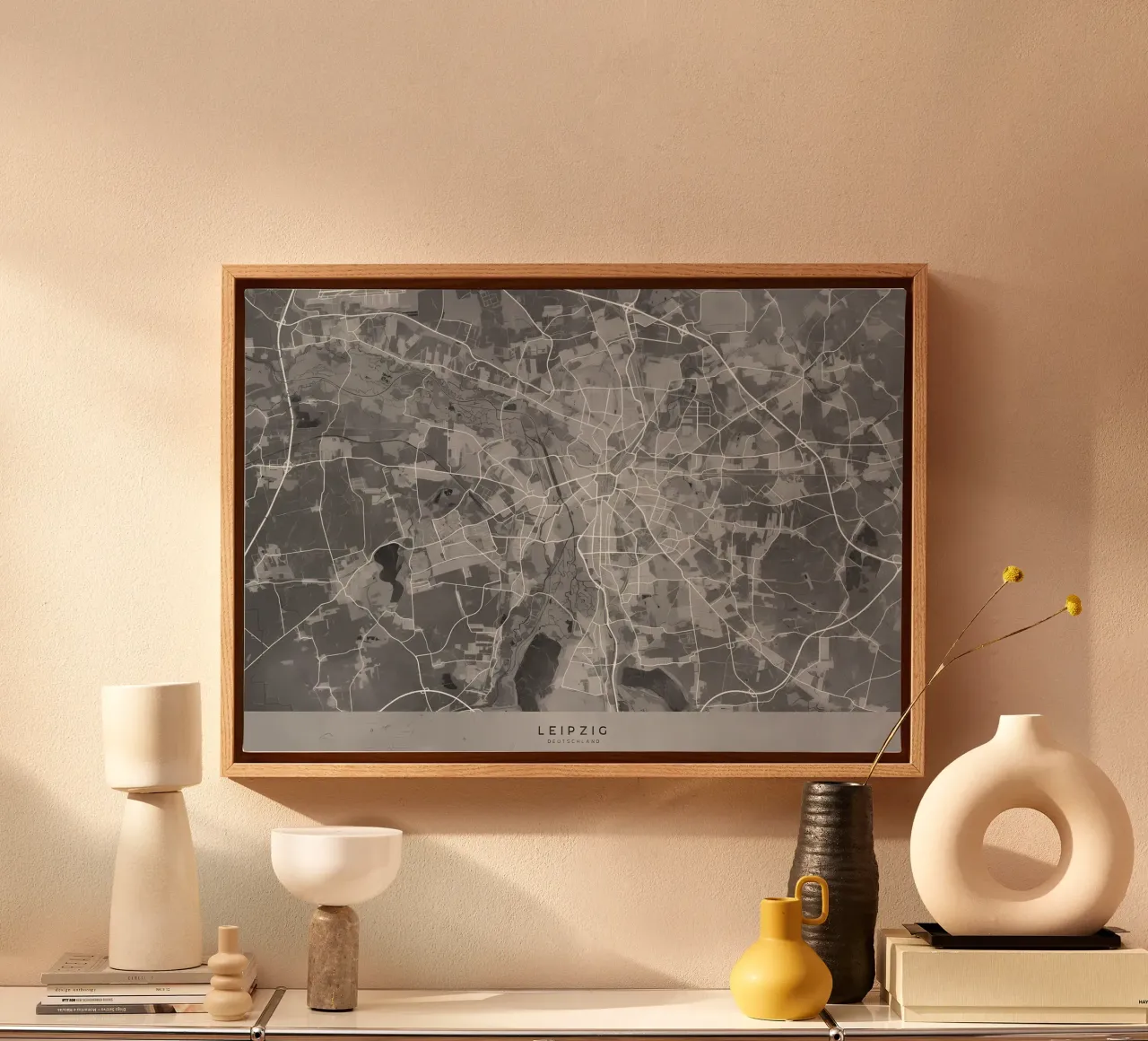 Gray map of Leipzig canvas with Floater frame by Christopher Adams