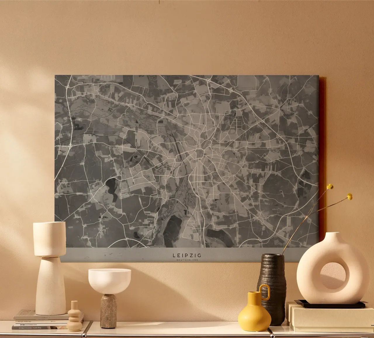 Gray map of Leipzig canvas with Floater frame by Christopher Adams