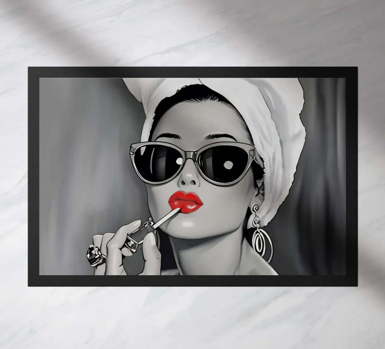 AUDREY HEPBURN PUTTING ON LIPSTICK doormat by ARTOMATIC