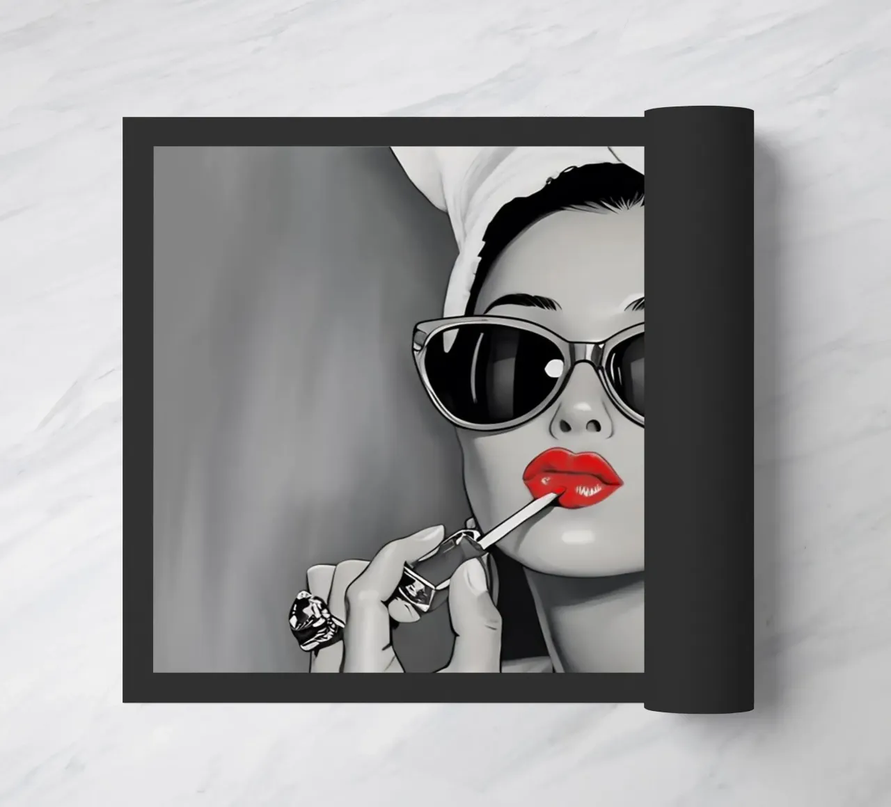 AUDREY HEPBURN PUTTING ON LIPSTICK doormat by ARTOMATIC