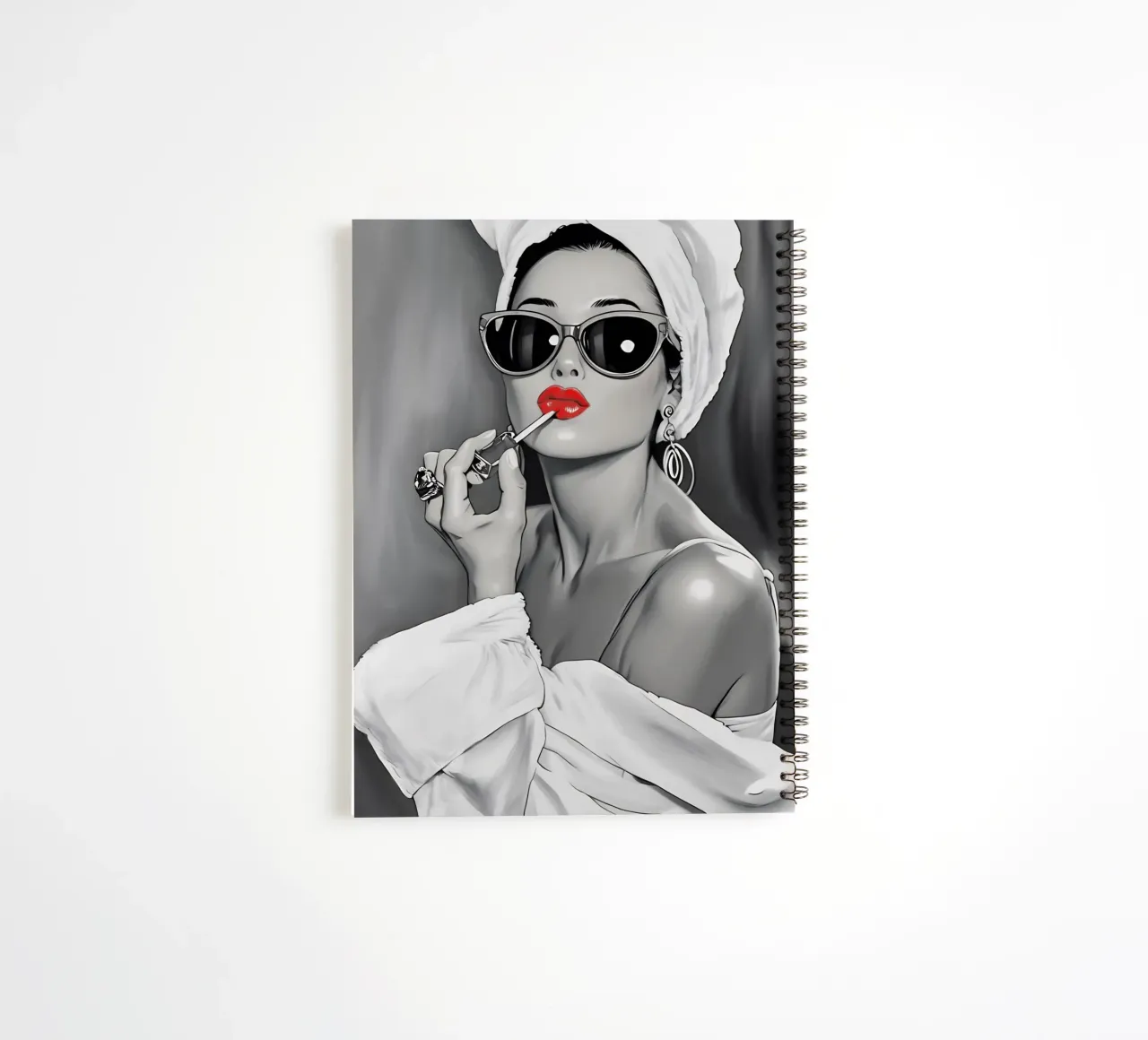 AUDREY HEPBURN PUTTING ON LIPSTICK spiral notebook by ARTOMATIC