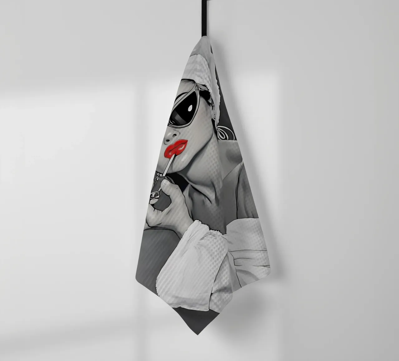 AUDREY HEPBURN PUTTING ON LIPSTICK tea towel by ARTOMATIC