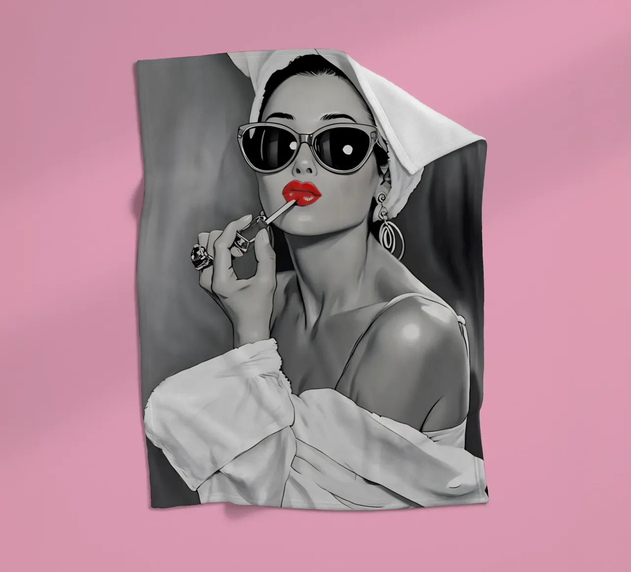 AUDREY HEPBURN PUTTING ON LIPSTICK fleece blanket by ARTOMATIC