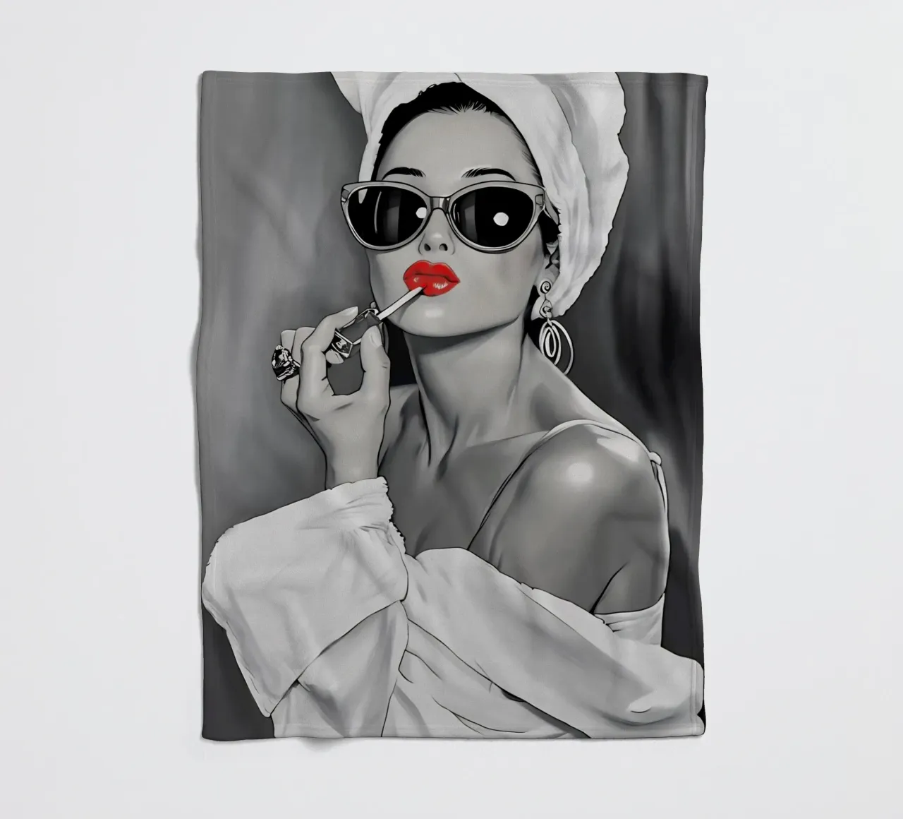 AUDREY HEPBURN PUTTING ON LIPSTICK fleece blanket by ARTOMATIC