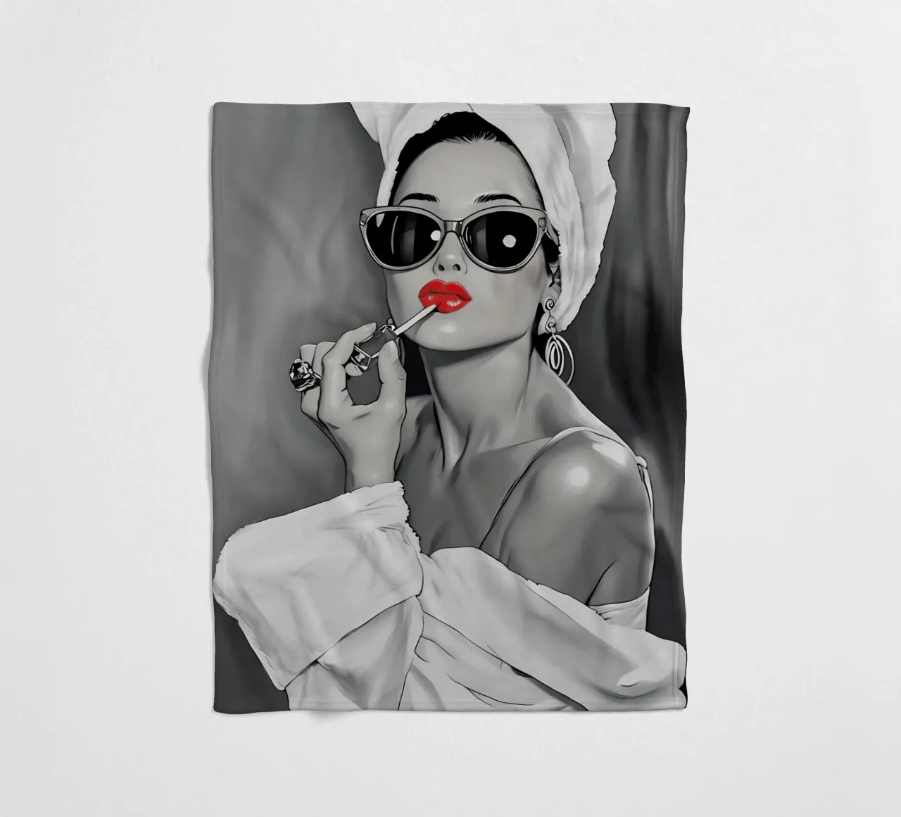 AUDREY HEPBURN PUTTING ON LIPSTICK fleece blanket by ARTOMATIC