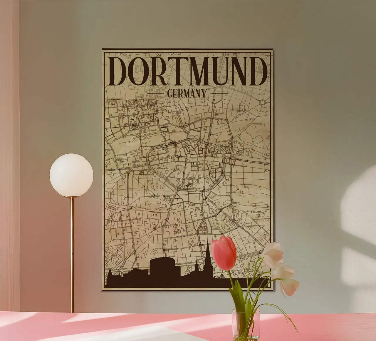 Mappa Dortmund Skyline poster con telaio in legno da Christopher Adams