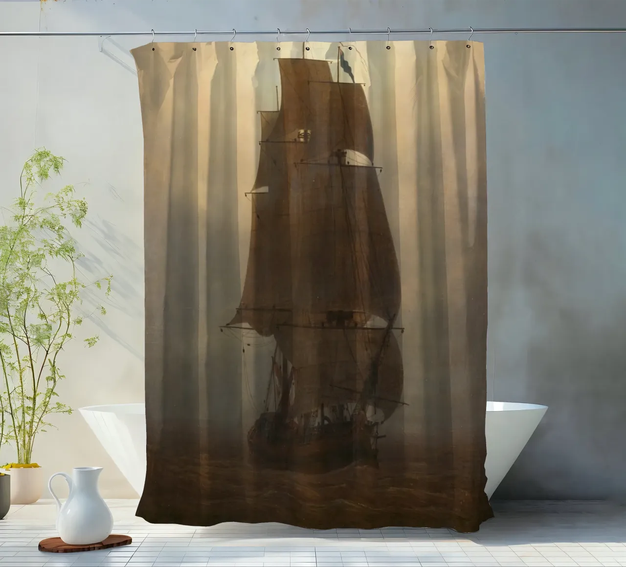 Caspar David Friedrich - Sailing ship shower curtain by Timeless Artworks