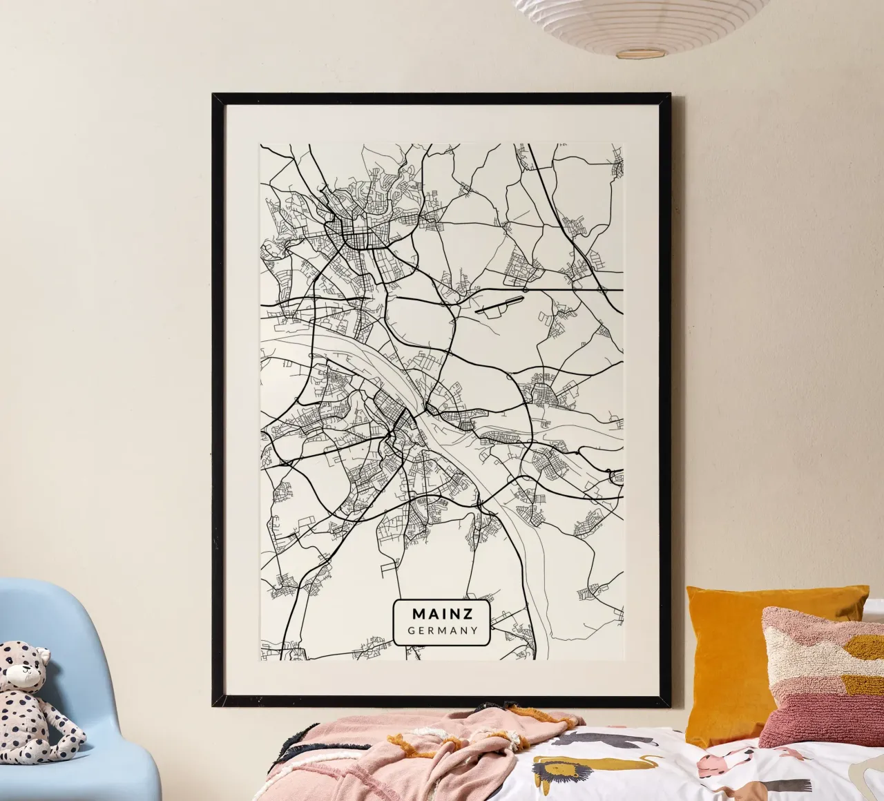 Mainz Germania Mappa Città poster con telaio in legno da Christopher Adams