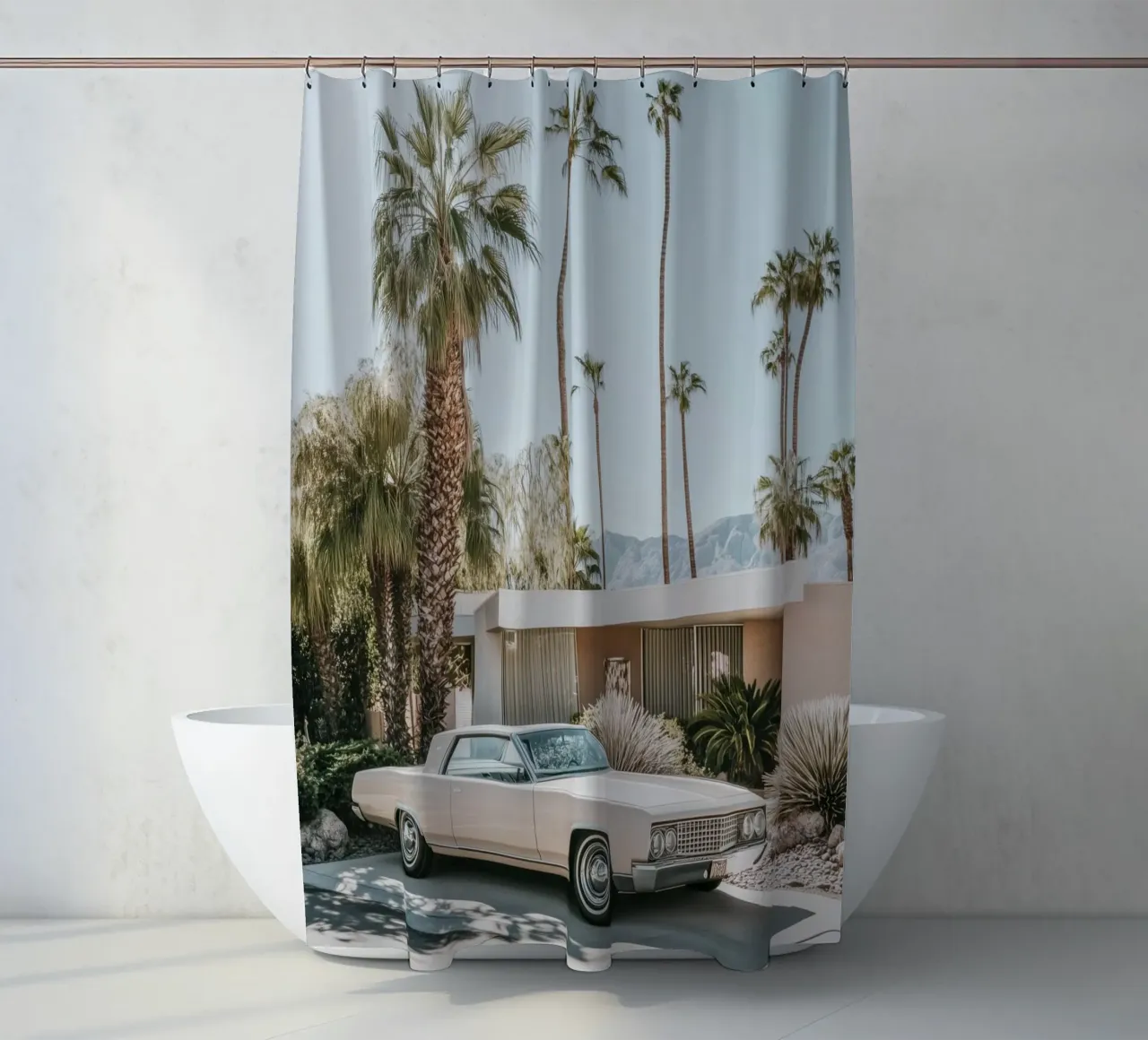 Palm Springs nostalgic architecture shower curtain by Carinaprint