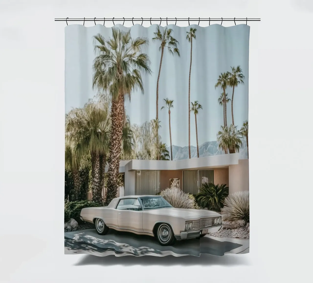 Palm Springs nostalgic architecture shower curtain by Carinaprint