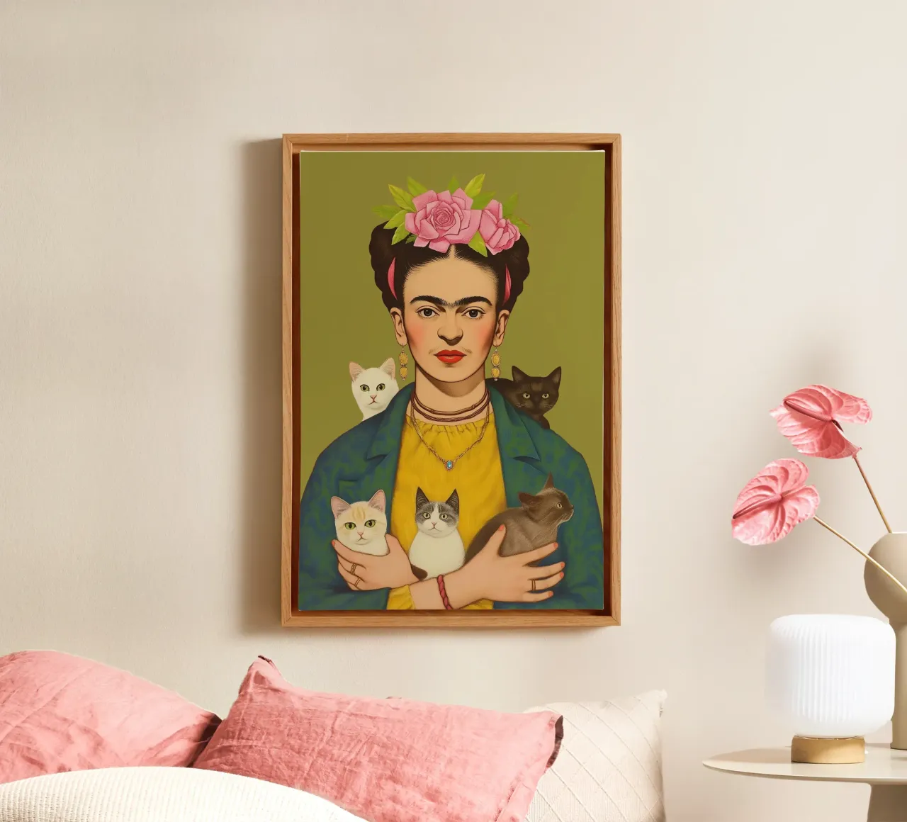 Frida's niedliche Katzen Liebe Leinwand mit Schattenfugenrahmen von Carinaprint