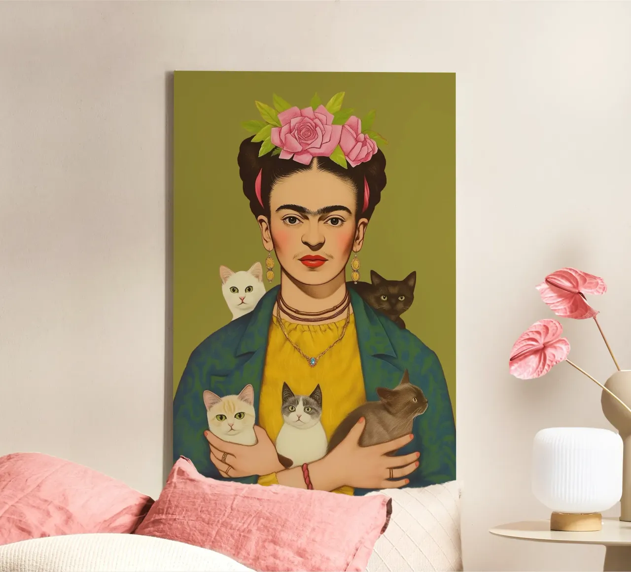Frida's niedliche Katzen Liebe Leinwand mit Schattenfugenrahmen von Carinaprint