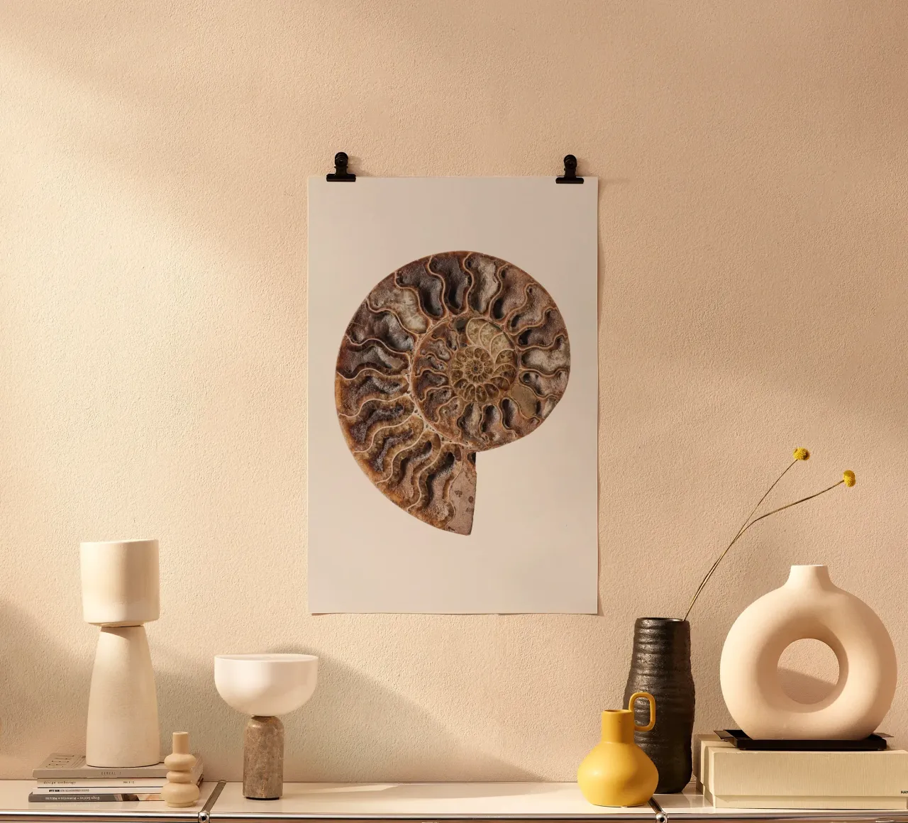 Ancient Elegance: Fossilized Nautilus Shell Cross-Section Po poster by Curious Collections by Marielle Leenders