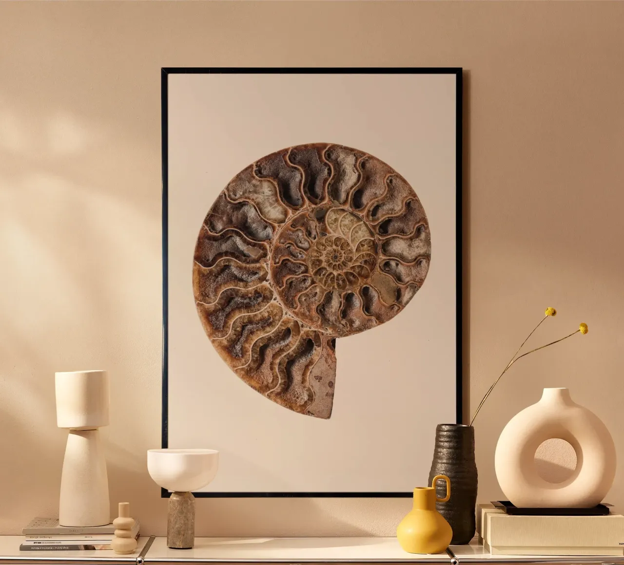 Ancient Elegance: Fossilized Nautilus Shell Cross-Section Po poster by Curious Collections by Marielle Leenders