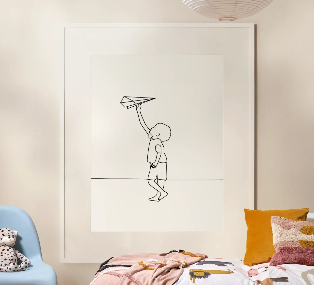 Kind met vliegtuig - Minimalistische lijntekening poster met aluminium frame van Viv Line Art