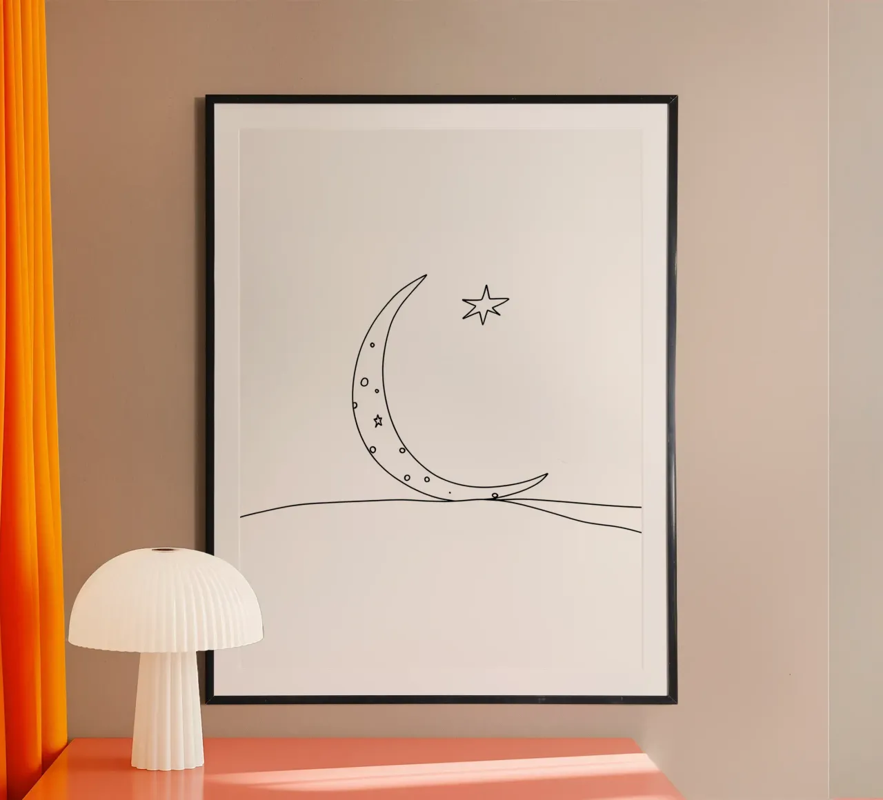 Lune et étoile - Dessin au trait minimaliste poster avec cadre en bois de Viv Line Art