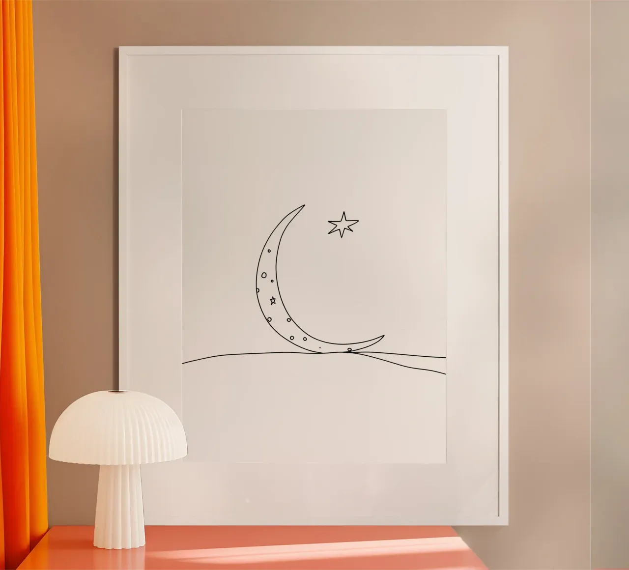 Lune et étoile - Dessin au trait minimaliste poster avec cadre en bois de Viv Line Art