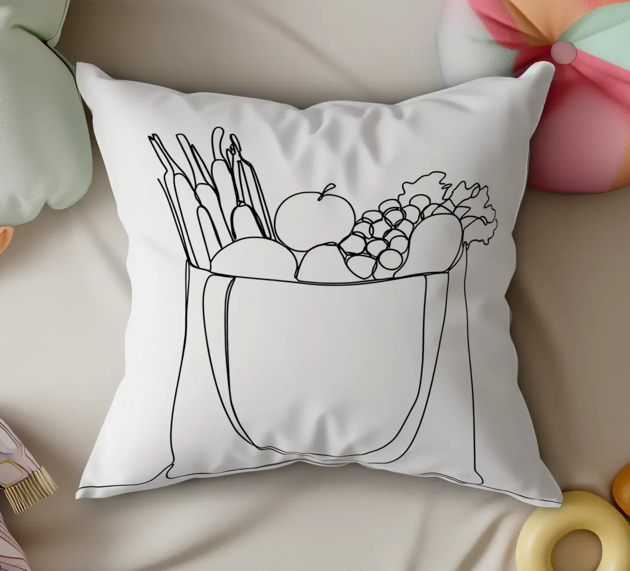 Frutta e verdura in una borsa della spesa - Line Art minimalista cuscino da Viv Line Art