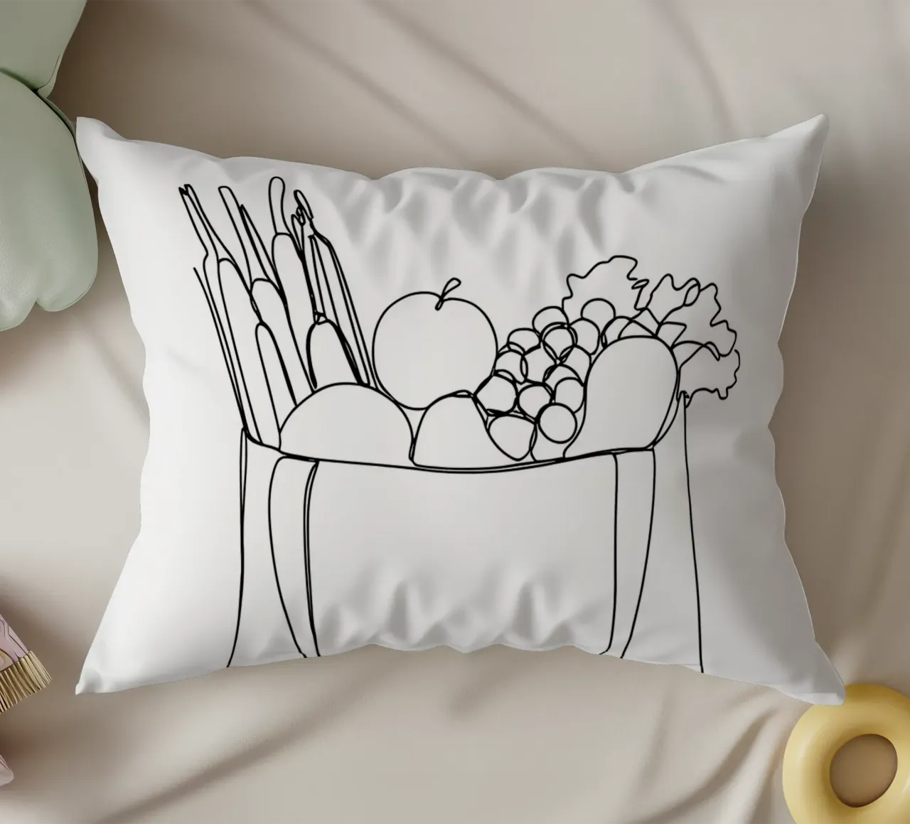 Frutta e verdura in una borsa della spesa - Line Art minimalista cuscino da Viv Line Art