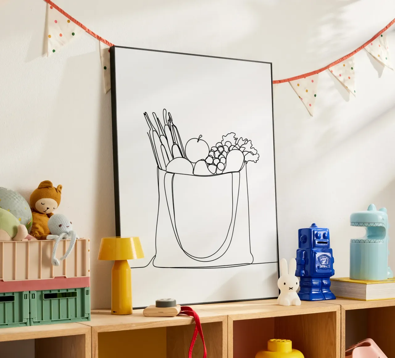 Frutta e verdura in una borsa della spesa - Line Art minimalista alluminio dibond da Viv Line Art