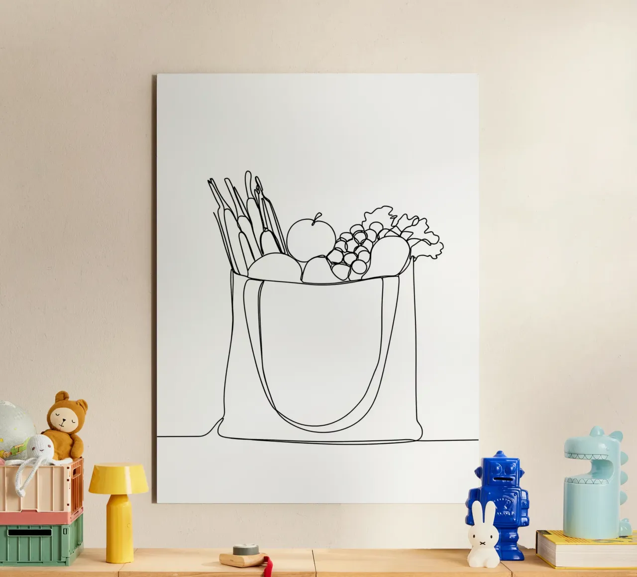 Frutta e verdura in una borsa della spesa - Line Art minimalista alluminio dibond da Viv Line Art