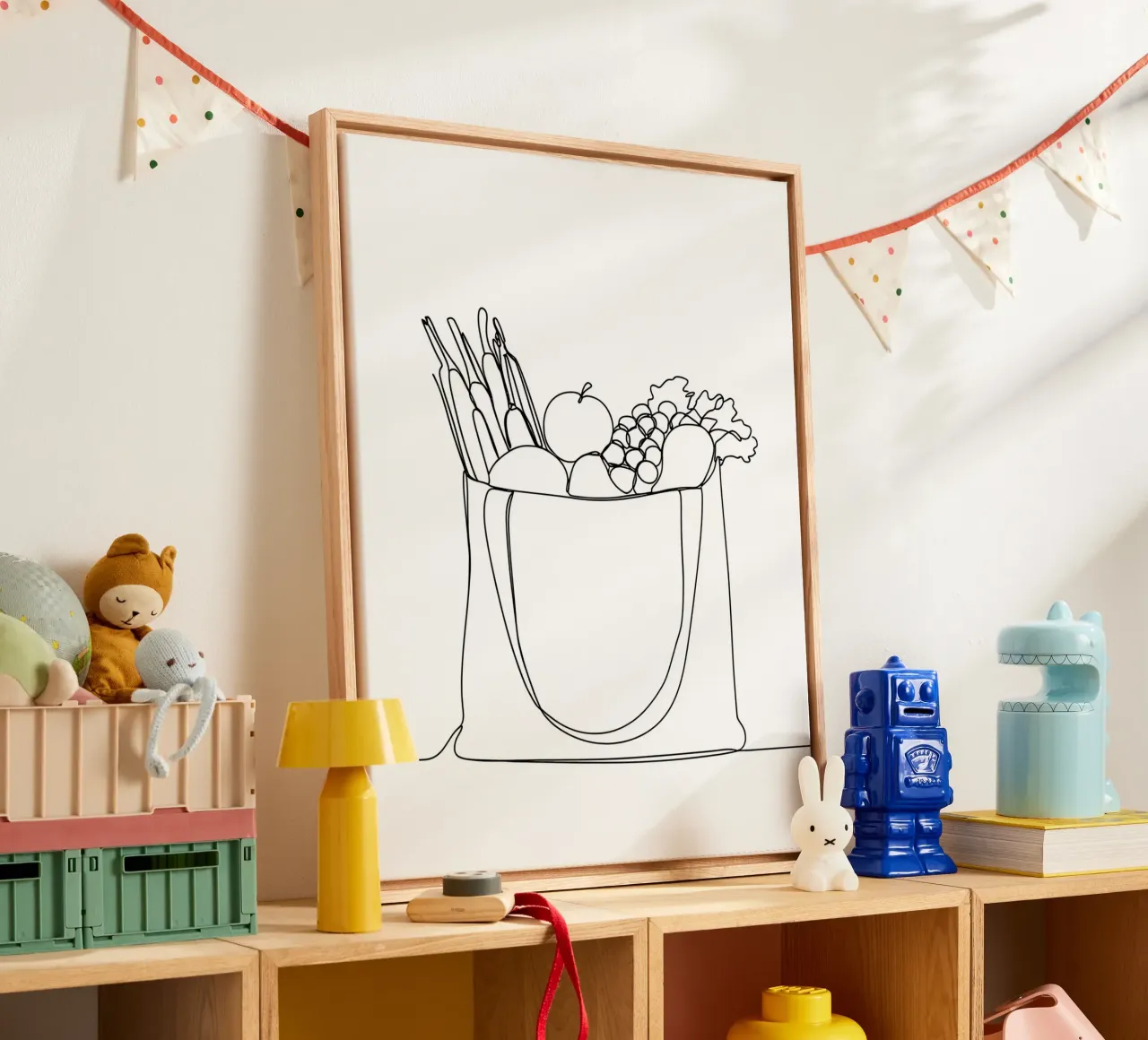 Fruit And Vegetables In Shopping Bag - Minimalist Line Art canvas with Floater frame by Viv Line Art