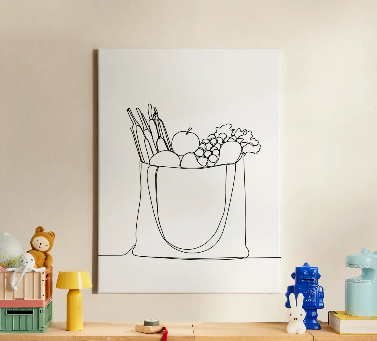 Fruit And Vegetables In Shopping Bag - Minimalist Line Art canvas with Floater frame by Viv Line Art