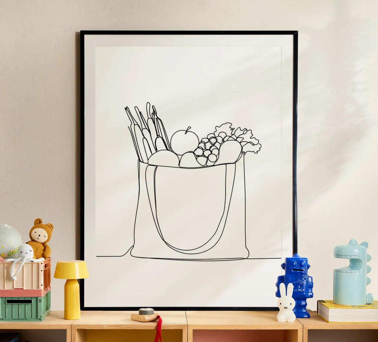 Frutta e verdura in una borsa della spesa - Line Art minimalista carta hahnemühle da Viv Line Art