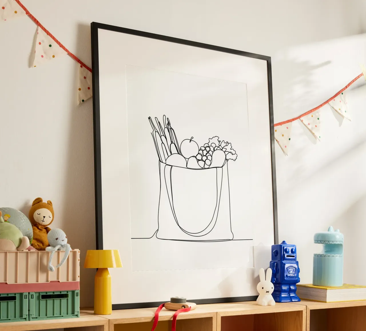 Frutta e verdura in una borsa della spesa - Line Art minimalista carta hahnemühle da Viv Line Art