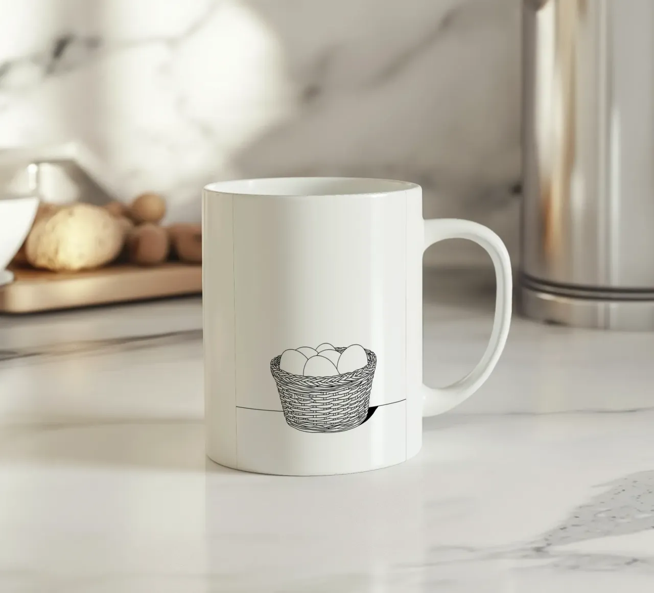Eieren in mand - Minimalistische lijntekening keramische mok van Viv Line Art