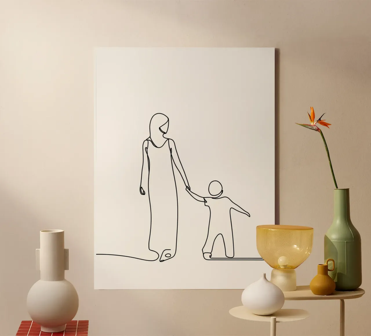 Mother And Cild - Minimalist Line Art canvas with Floater frame by Viv Line Art