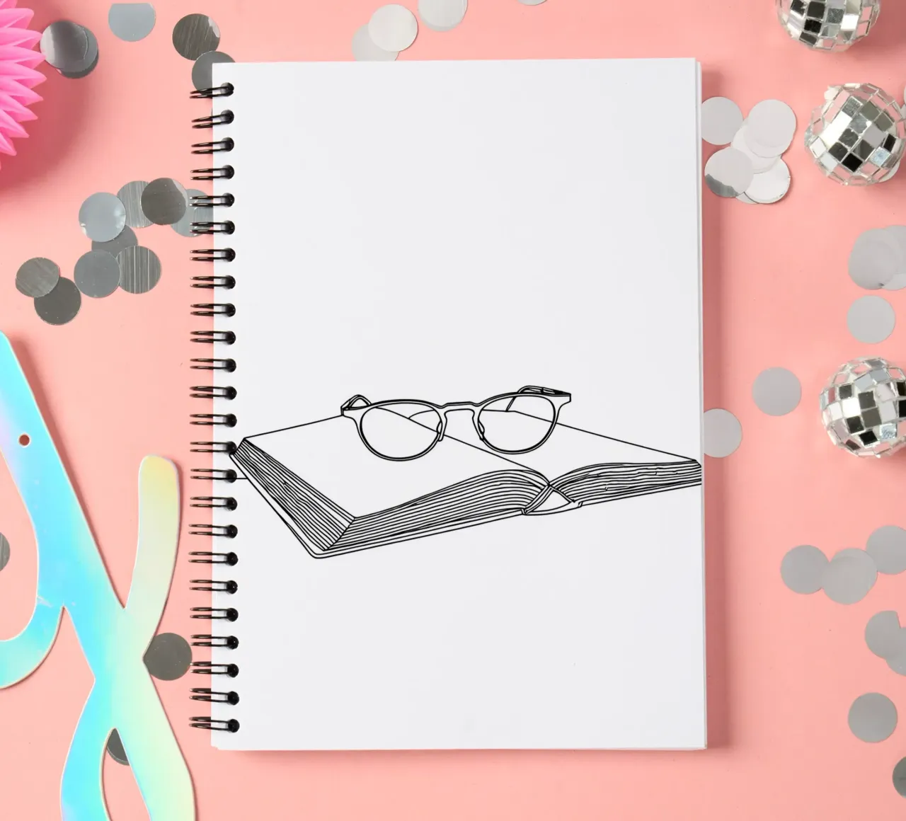 Glasses On Open Book- Minimalist Line Art spiral notebook by Viv Line Art